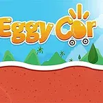 Tecknad scen med ett leende ägg på en röd lastbil, gröna kullar i bakgrunden och texten Eggy Car i starka färger