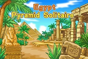Tecknad bild av forntida Egypten med pyramider, palmer, en sfinx och ruiner under en blå himmel