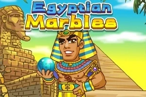 En färgglad illustration av en egyptisk farao som håller en blå kula, framför pyramider och en sfinx, med texten Egyptian Marbles ovanför