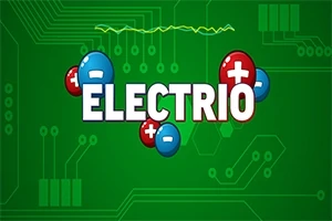 Grön bakgrund med kretsmönster, blå och röda cirklar med plus- och minustecken, och ordet ELECTRIO i mitten