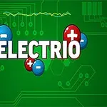 Grön bakgrund med kretsmönster, blå och röda cirklar med plus- och minustecken, och ordet ELECTRIO i mitten