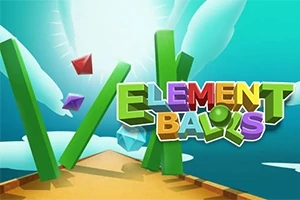 Färgglada bokstäver bildar orden Element Balls med en bakgrund av en träplattform, gröna pelare och svävande ädelstenar mot en himmel