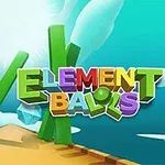Färgglada bokstäver bildar orden Element Balls med en bakgrund av en träplattform, gröna pelare och svävande ädelstenar mot en himmel