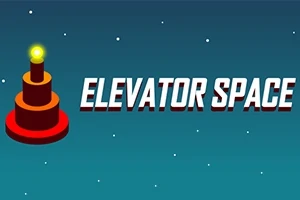 Texten ELEVATOR SPACE visas bredvid en stiliserad röd och brun byggnad med en lysande gul topp mot en stjärnfylld blå bakgrund