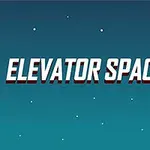 Texten ELEVATOR SPACE visas bredvid en stiliserad röd och brun byggnad med en lysande gul topp mot en stjärnfylld blå bakgrund