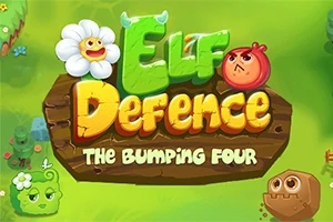 Tecknad bild med färgglada, animerade karaktärer och texten Elf Defence: The Bumping Four mot en grön bakgrund