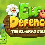 Tecknad bild med färgglada, animerade karaktärer och texten Elf Defence: The Bumping Four mot en grön bakgrund