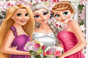 Tre animerade kvinnor i festklänningar står tillsammans med blommor i händerna, omgivna av blommor i bakgrunden