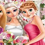 Tre animerade kvinnor i festklänningar står tillsammans med blommor i händerna, omgivna av blommor i bakgrunden