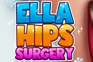 Färgglada bokstäver som bildar orden Ella Hips Surgery med en tecknad bakgrund