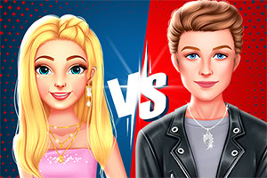 En illustration av en blond kvinna i rosa klänning och en man med brunt hår i svart jacka, separerade av ett VS tecken med blå och röd bakgrund
