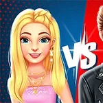 En illustration av en blond kvinna i rosa klänning och en man med brunt hår i svart jacka, separerade av ett VS tecken med blå och röd bakgrund