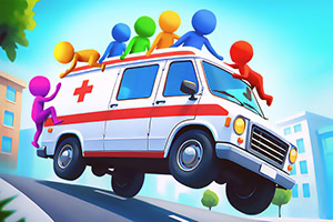 Färgglada, stiliserade figurer rider på taket av en flygande ambulans i en tecknad stadsmiljö