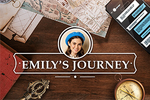 Ett bord med en kompass, kartor, en telefon med meddelanden och en bild av en kvinna omgiven av texten Emilys Journey