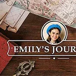Ett bord med en kompass, kartor, en telefon med meddelanden och en bild av en kvinna omgiven av texten Emilys Journey