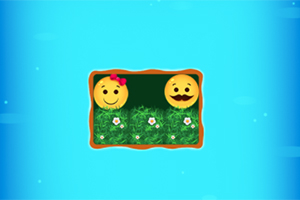 Två glada emojis, en med rosett och en med mustasch, ovanför gräs med blommor på en blå bakgrund
