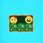 Två glada emojis, en med rosett och en med mustasch, ovanför gräs med blommor på en blå bakgrund