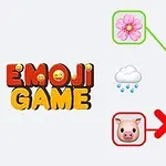 Texten Emoji Game med olika emojis som en blomma, grisbjälke, moln med regn, bi, grishuvud och ett paraply arrangerade i ett pussel