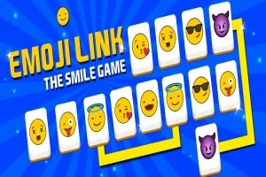 Blå bakgrund med en gul-orange text EMOJI LINK THE SMILE GAME över en rad av olika emoji-symboler i vita rutor med en gul linje som kopplar dem