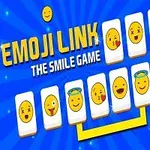 Blå bakgrund med en gul-orange text EMOJI LINK THE SMILE GAME över en rad av olika emoji-symboler i vita rutor med en gul linje som kopplar dem