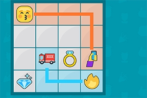Emoji-symboler på ett rutnät kopplas samman med färgade linjer, inklusive en pussande emoji, brandbil, ring, och eldflamma