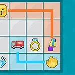 Emoji-symboler på ett rutnät kopplas samman med färgade linjer, inklusive en pussande emoji, brandbil, ring, och eldflamma