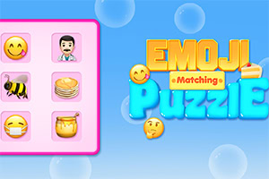 Ett collage med olika emoji inklusive ett leende ansikte, en läkare, en bi, pannkakor, och en småkaka bredvid en färgglad text med ordet Puzzle