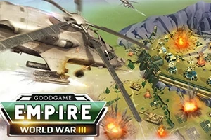 Empire: World War 3 Helikopter flyger över en krigszon med explosioner och soldater pÄ marken
