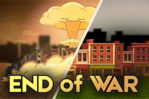 En illustration av två kontrasterande scener med en svampmolnsexplosion till vänster och en stadsbild med byggnader till höger, med texten END of WAR i förgrunden
