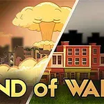 En illustration av två kontrasterande scener med en svampmolnsexplosion till vänster och en stadsbild med byggnader till höger, med texten END of WAR i förgrunden