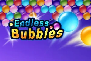 Färgglada bubblor i olika nyanser mot en lila bakgrund med texten Endless Bubbles