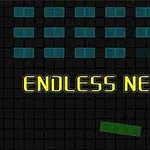 Texten Endless Neon i neonfärger mot en mörk rutnätbakgrund med blå block och geometriska former