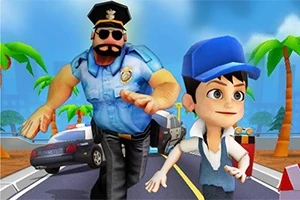 Tecknade figurer, en polis och en ung man, springer på en gata kantad av palmer och bilar