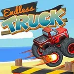 En röd monstertruck hoppar över en ramp vid en strand, med pengar som flyger i luften