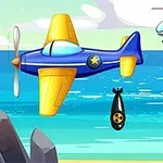 Tecknat flygplan i blått och gult släpper en bomb över havet med en helikopter i bakgrunden