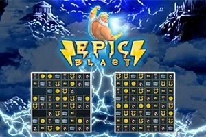 En muskulös man med blixtar i handen svävar över två spelbräden fyllda med ikoner, omgiven av moln och tempelruiner