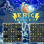 En muskulös man med blixtar i handen svävar över två spelbräden fyllda med ikoner, omgiven av moln och tempelruiner