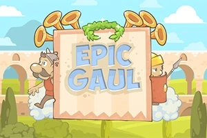 Två tecknade karaktärer med hjälmar vid sidan av en skylt med texten EPIC GAUL och horn i bakgrunden