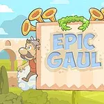 Två tecknade karaktärer med hjälmar vid sidan av en skylt med texten EPIC GAUL och horn i bakgrunden