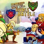 Tecknade figurer, inklusive alver med gröna och bruna rustningar, samt krigare med röda och blå kläder, står i strid mot varandra i en fantasyskog med stora sköldar i bakgrunden