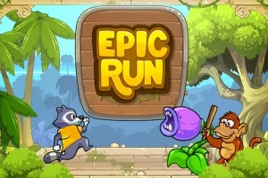 Tecknad djungelscen med en tvättbjörn som springer, en apa med en pinne och en köttätande växt, samt texten Epic Run i mitten