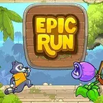 Tecknad djungelscen med en tvättbjörn som springer, en apa med en pinne och en köttätande växt, samt texten Epic Run i mitten