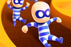 Tecknade figurer med randiga blå och vita dräkter och masker glider nerför en gul bana
