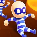 Tecknade figurer med randiga blå och vita dräkter och masker glider nerför en gul bana