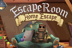 En trasig fåtölj med en liten robot och en kudde i ett färgglatt rum med trädetaljer och texten Escape Room Home Escape ovanför