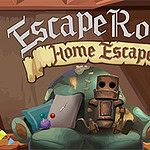 En trasig fåtölj med en liten robot och en kudde i ett färgglatt rum med trädetaljer och texten Escape Room Home Escape ovanför