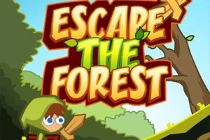 Tecknad figur i grön huva med träsvärd i en skogsmiljö under texten Escape The Forest