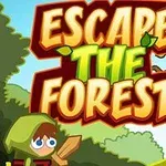 Tecknad figur i grön huva med träsvärd i en skogsmiljö under texten Escape The Forest