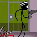 En streckfigur i fångdräkt med en borrmaskin försöker borra genom ett fängelsegaller, med en hacka och kofot på golvet