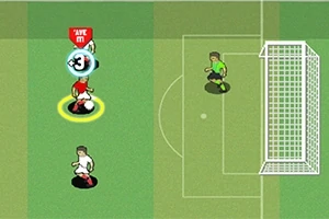 Tecknad bild av en fotbollsspelare i rött som dribblar mot målet med en försvarare och målvakt i grönt framför